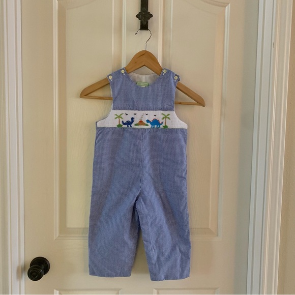 Little Threads Smocked Dino Jumper Overalls with Snap Legs and Gingham Print - Picture 2 of 5